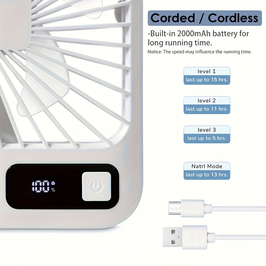 MESIONDY Rechargeable Portable Fan with Power Display, 2000mAh 180° Foldable
