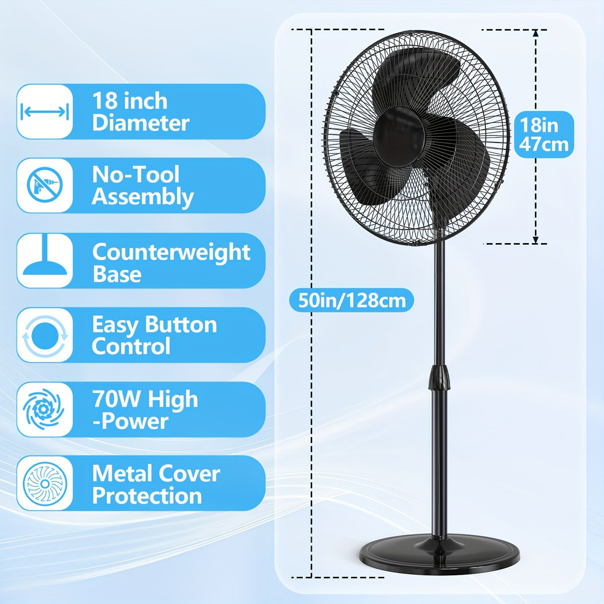 16\u002F18-Inch Pedestal Stand Fan - Quiet 3-Speed Operation, Adjustable Tilt And Height